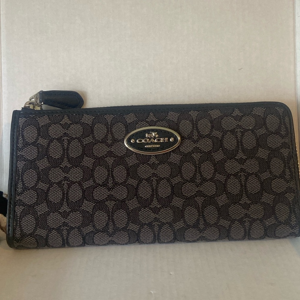 Coach Brown Signature Zip-Around Wallet with Logo Plaque